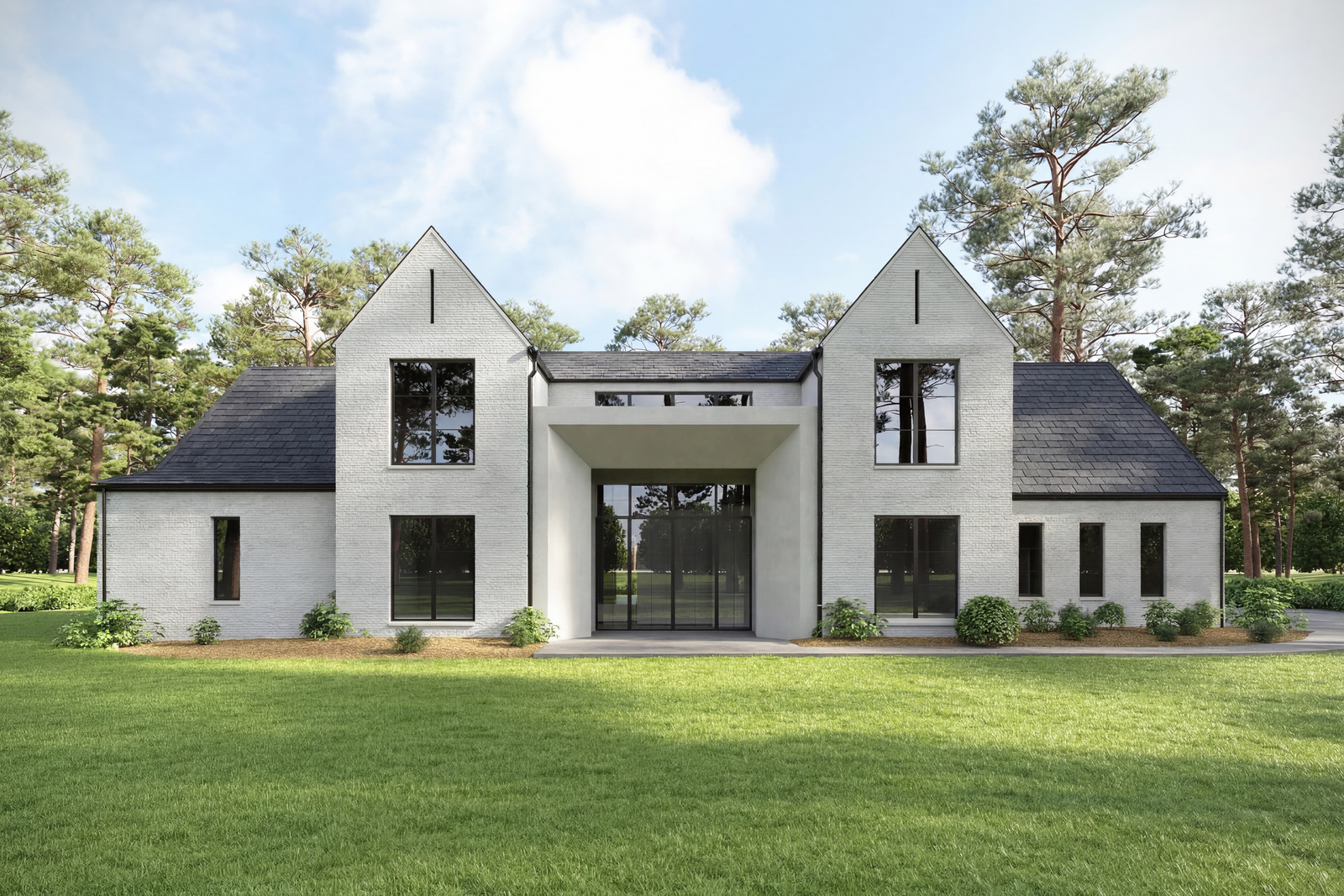 Architectural rendering of the home's white brick front elevation framed by trees