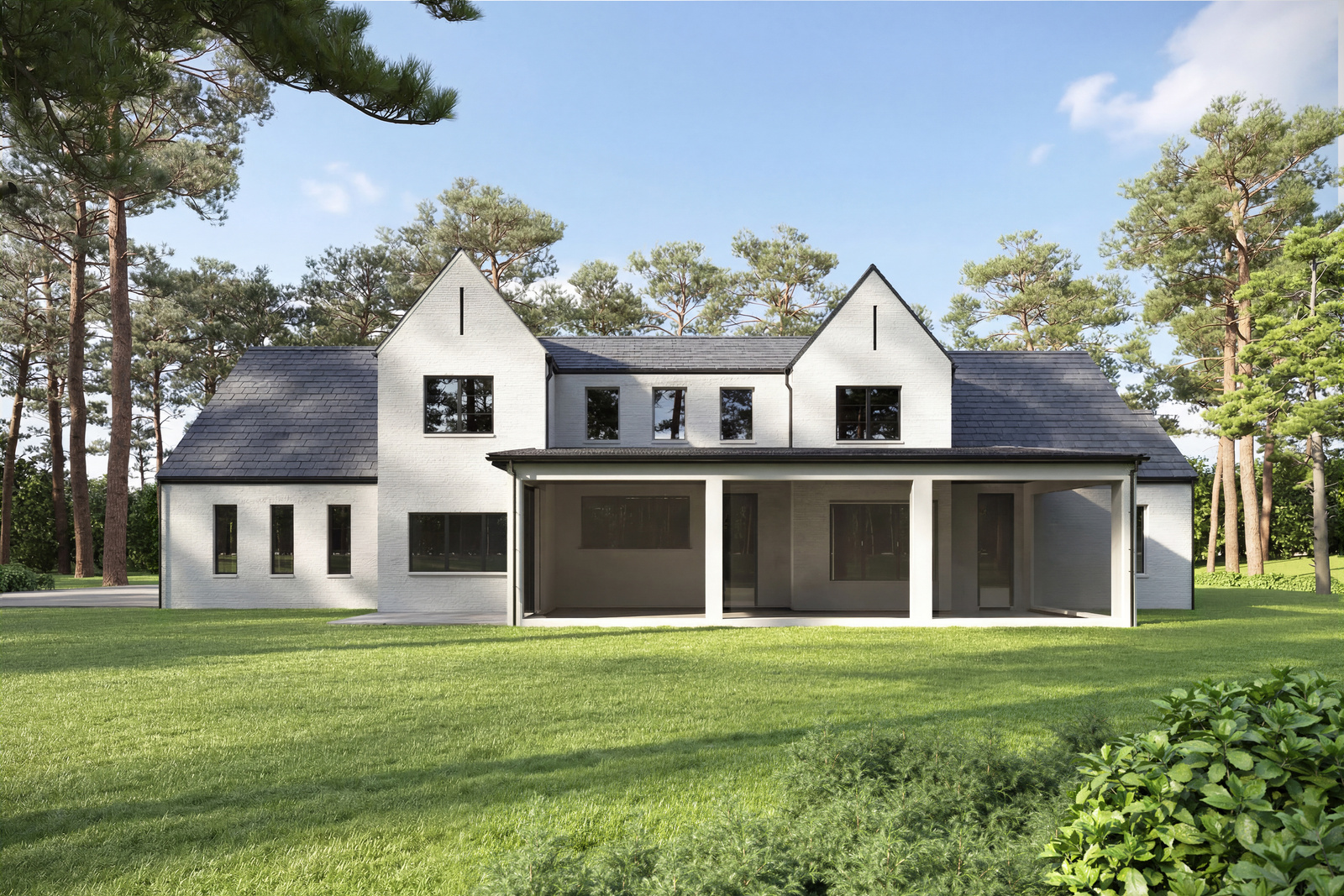 Architectural rendering of the rear elevation and screened porch facing the lawn